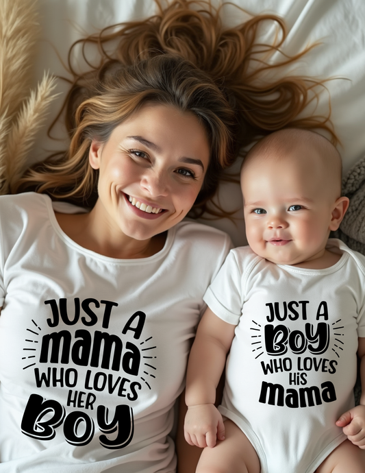 MOM WHO LOVES HER BOY T-SHIRT AND ONESIE SET